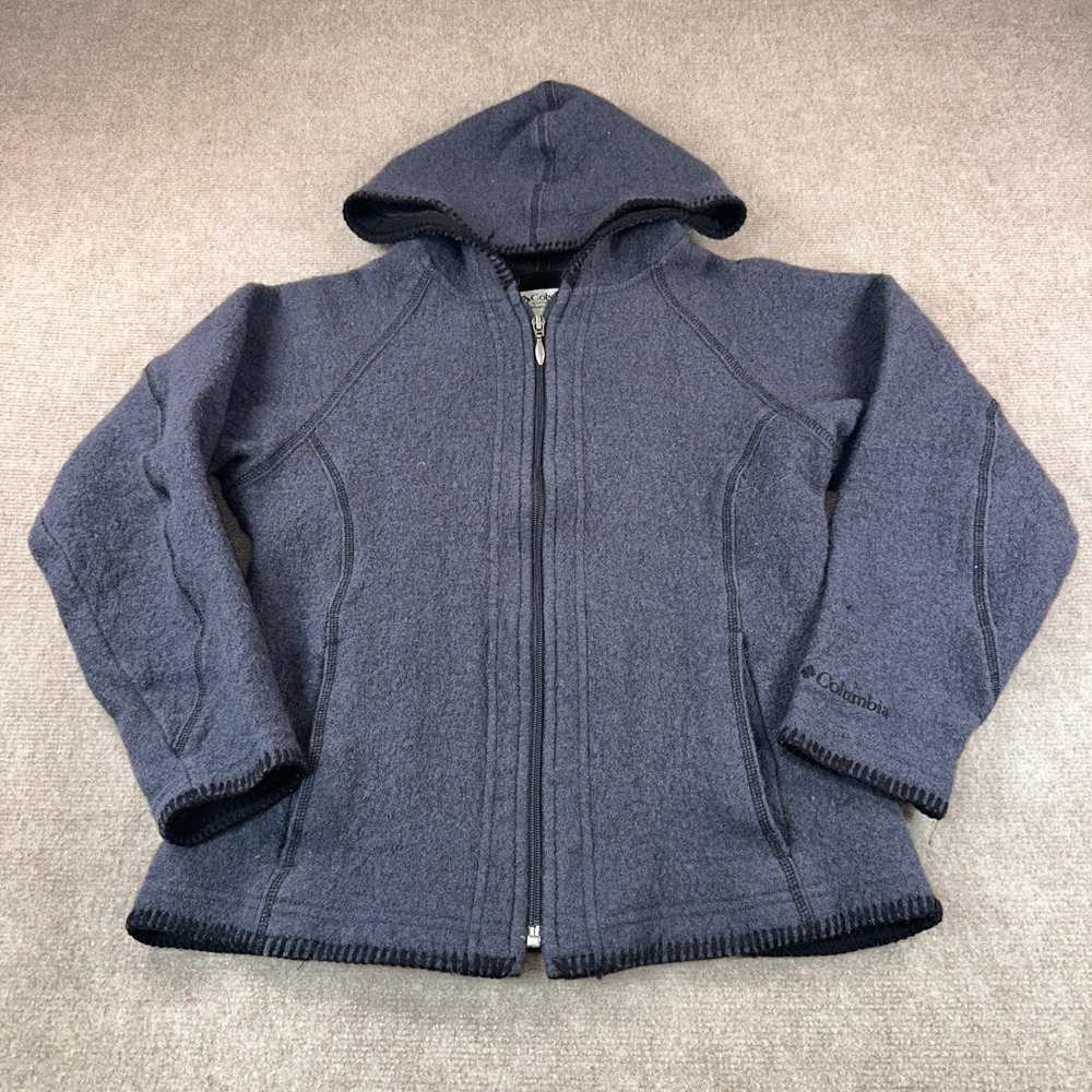Columbia Womens Gray 100% Wool Full Zip Hooded Sweater WL 6119 Medium